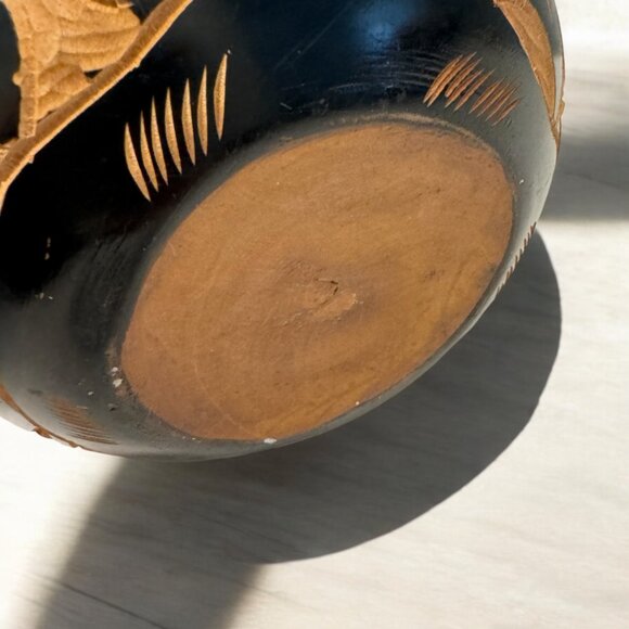 Carved Dark Wood Round Jar Container Box with Lid Boho Eclectic Decor - Picture 5 of 5